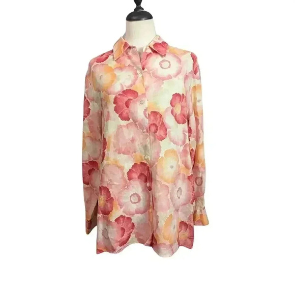Liz Claiborne Medium Bright Floral 100% Linen Long Sleeve Button Up Shirt - Picture 1 of 7